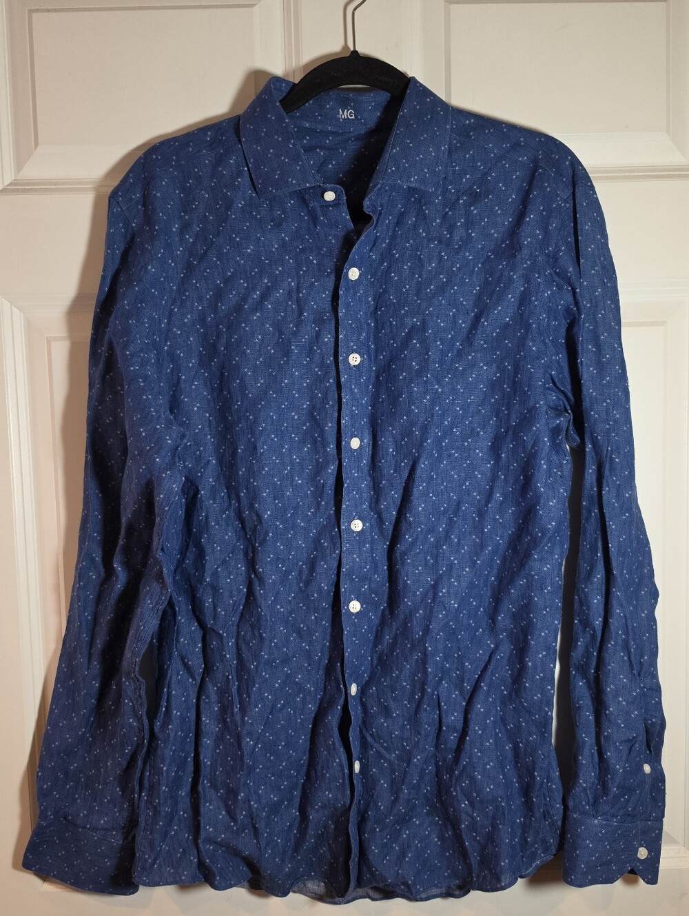 J. Hilburn Men's Blue Star Print Long-Sleeve Button-Up Shirt Linen